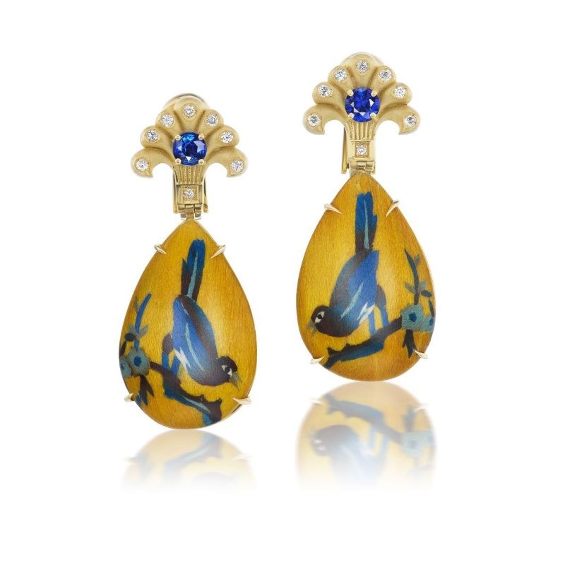 Gold And Diamond And Sapphire Blue Bird Marquetry Drop Earrings ...