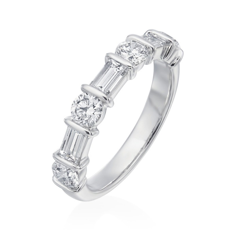 PLATINUM ROUND AND BAGUETTE DIAMOND HALF WAY AROUND WEDDING BAND RING ...